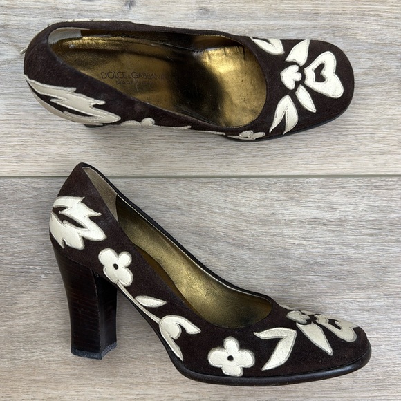 Dolce & Gabbana Leather Appliqué Pumps Heels Brown Cream Floral Square‎ Toe - Picture 1 of 15
